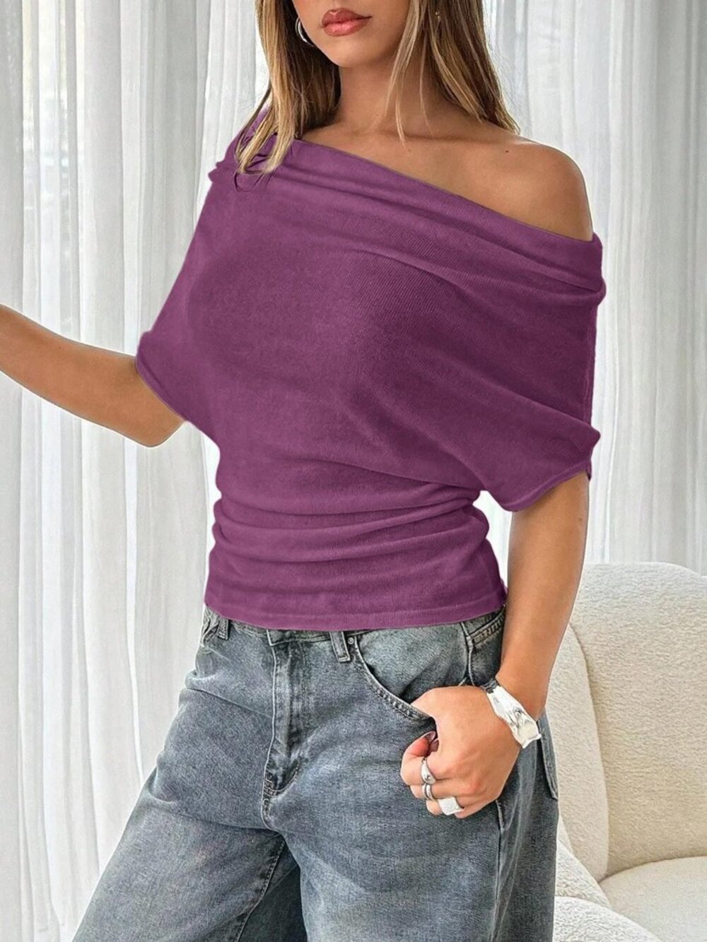 Purple Off-Shoulder Ruched Knit T-Shirt